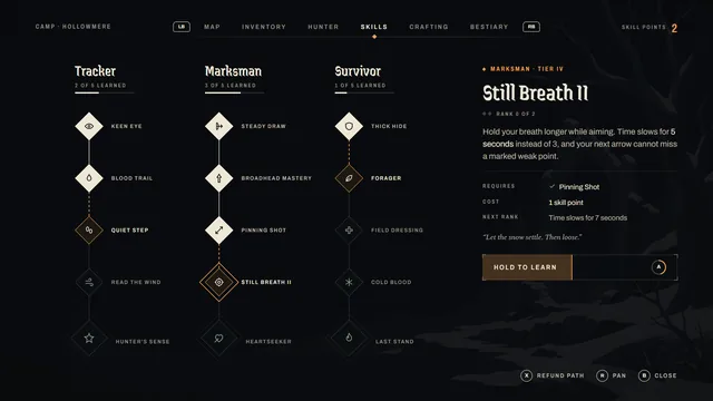 The Last Hunt Skill tree screen