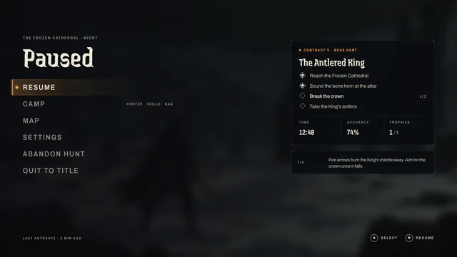 The Last Hunt Pause screen